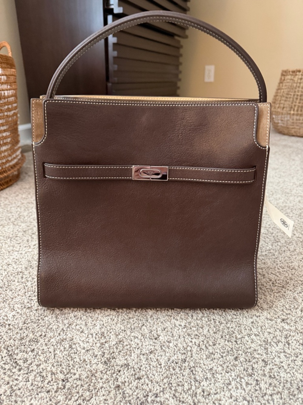 Tory Burch Lee Radziwell Tote mocha brown and silver, large tote